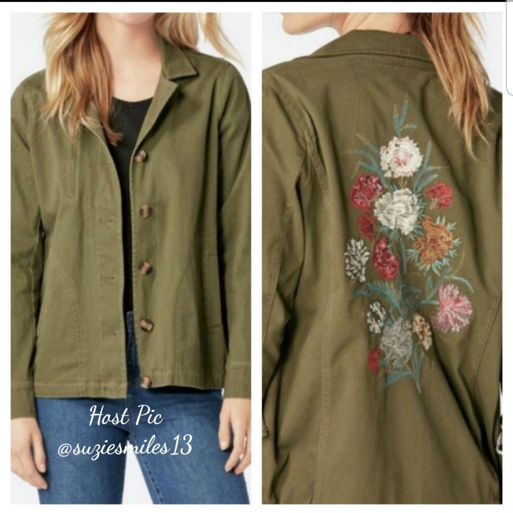JustFab Embroidered Army Jacket Dark Olive L, XL